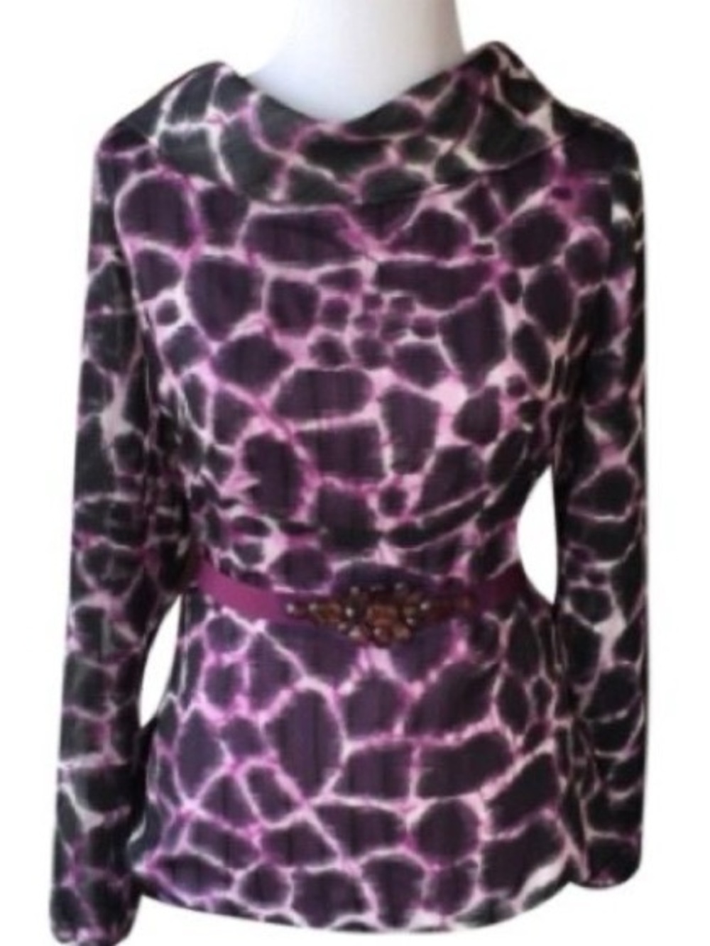 Purple Leopard Printed Long Sleeve Cowl-Neck Dress with Jewel Belt Accent - 5p1t